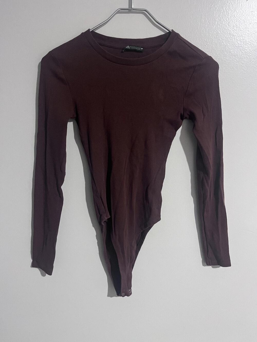 ZARA Bodysuit Womens S Brown Ribbed High Leg Button Cotton Spandex Stretch
